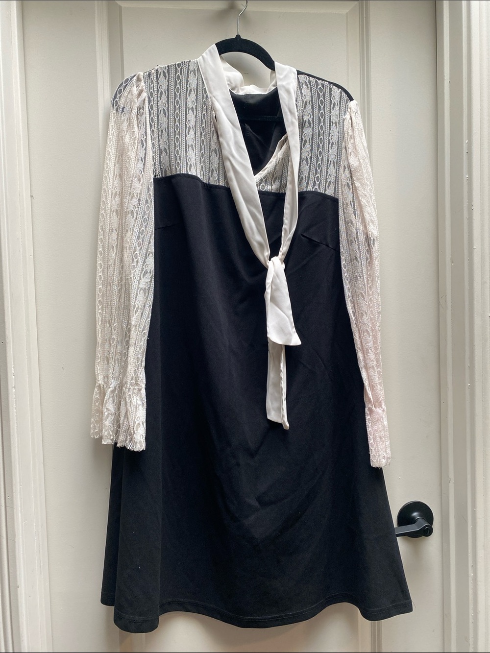 Goth Black and White Lace Sleeve P(u)ssy Bow Neckline Dress L/XL